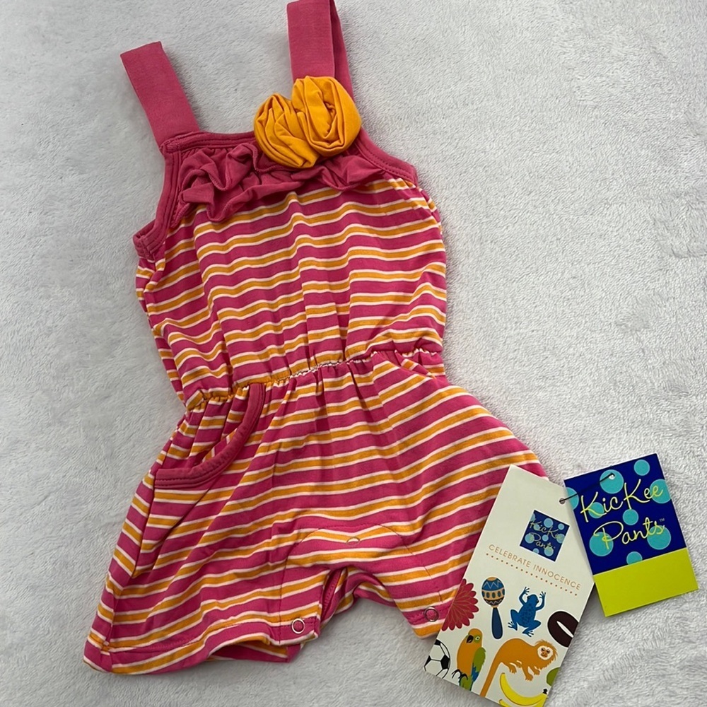 NEW Kickee Pants Bamboo 0-3 Mos Flamingo Brazil Stripe Pink,Orange Romper Pocket